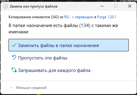 Повторное окно Windows с выбором замены файлов серверного пакета